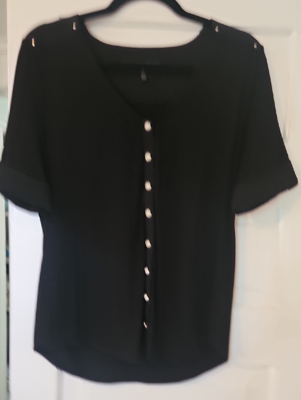 White House Black Market Black V Neck Button-Front Short Sleeve Blouse